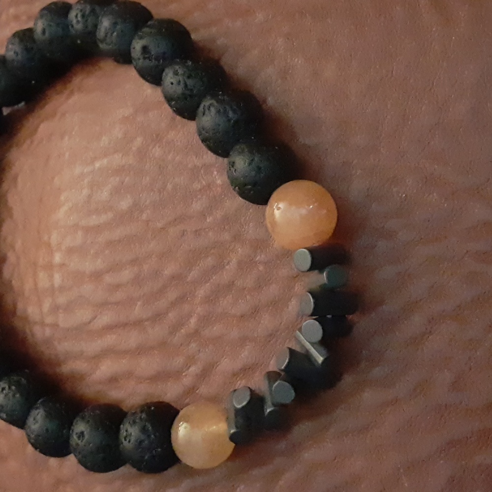 Mens bracelets. Black leather and Lava beads stretch. - Picture 3 of 5